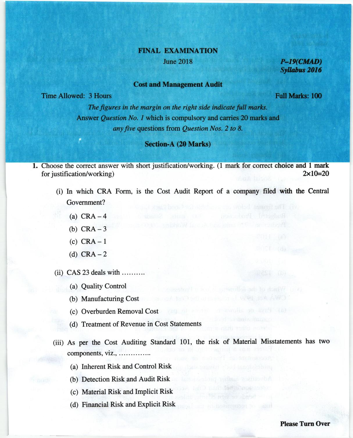 ICMAI June 2018 Cost and Management Audit Question Paper (Final) - Page 1
