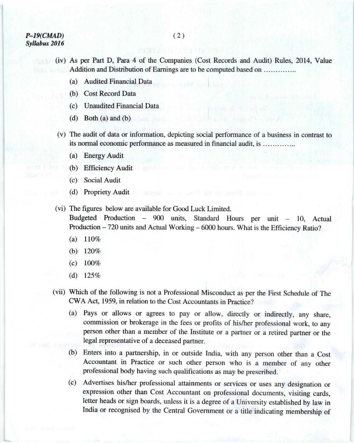 ICMAI June 2018 Cost and Management Audit Question Paper (Final) - Page 2