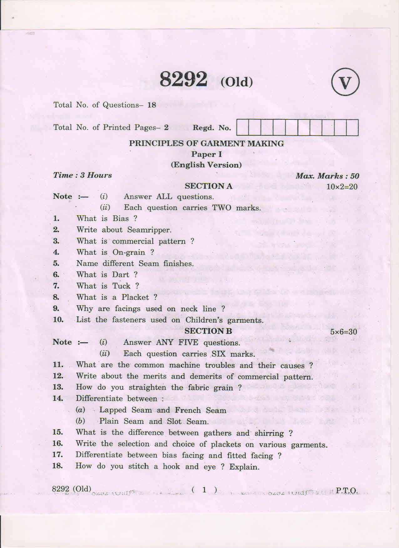 AP Inter 1st Year Principles of Garment Making-I (Old) March-2019-Vocational Question Paper - Page 1