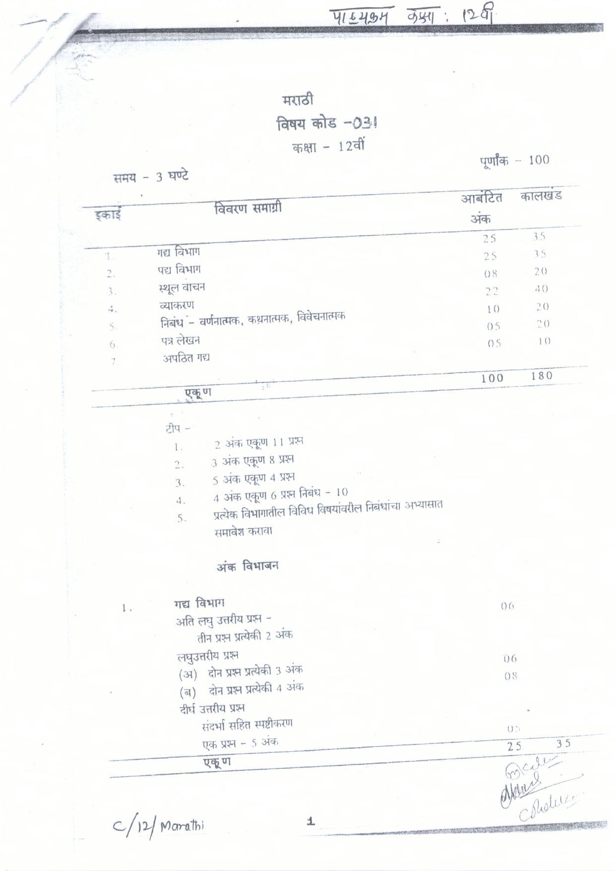 CGBSE Class 12th Syllabus 2021-2022 - Marathi - Page 1