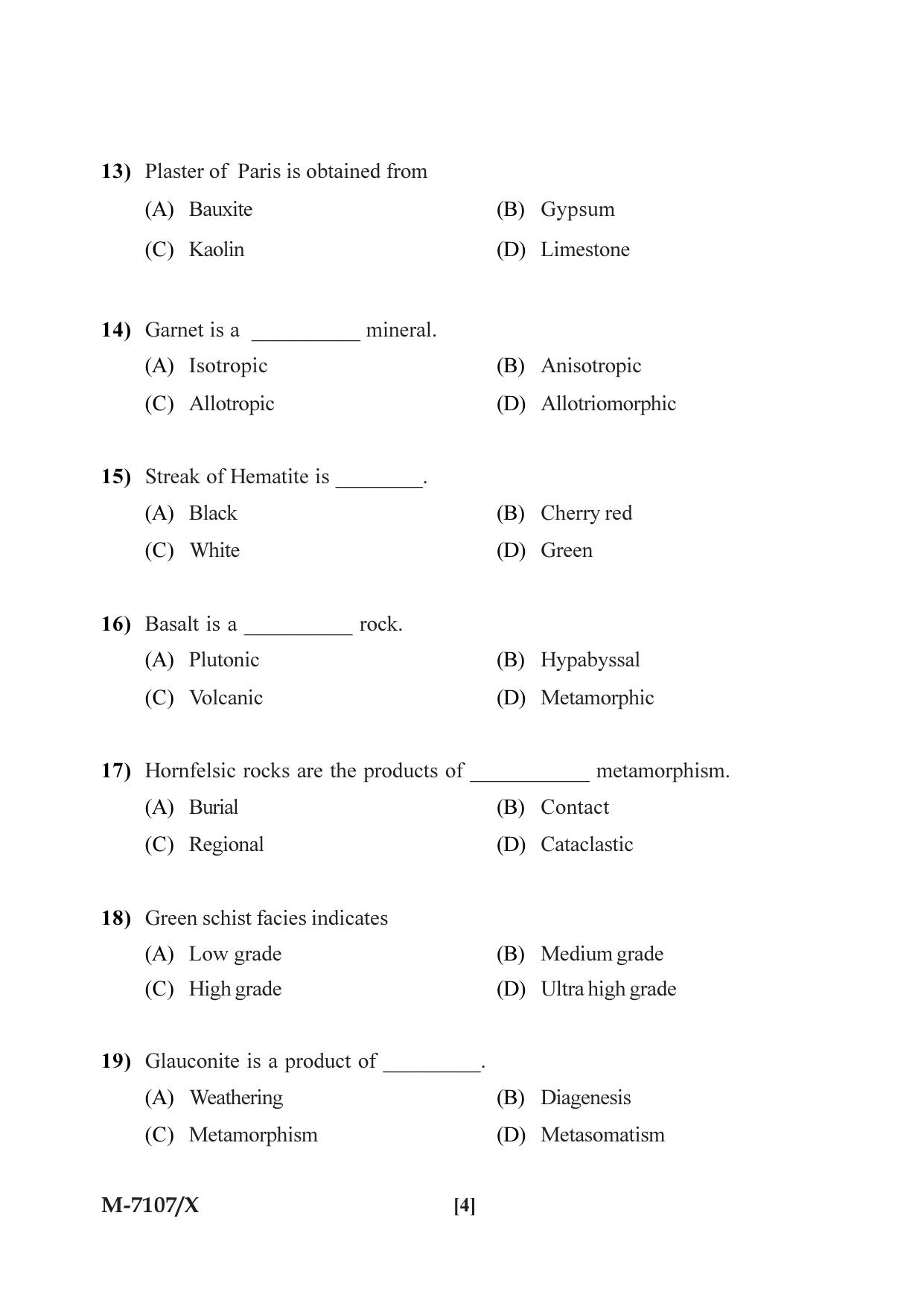 Mysore University PG Entrance Exam 2019: Geology Applied Geology Question Paper - Page 4