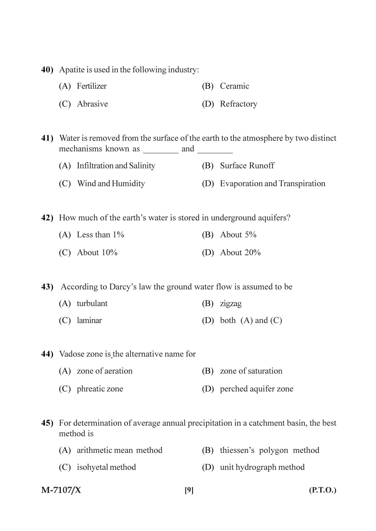 Mysore University PG Entrance Exam 2019: Geology Applied Geology Question Paper - Page 9