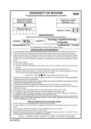 Mysore University PG Entrance Exam 2019: Geology Applied Geology Question Paper