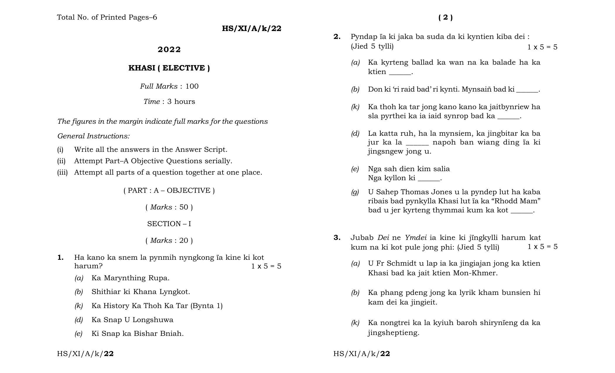 Meghalaya Board (MBOSE) Class 11 Khasi Elective (theory) 2022 Question Paper - Page 1