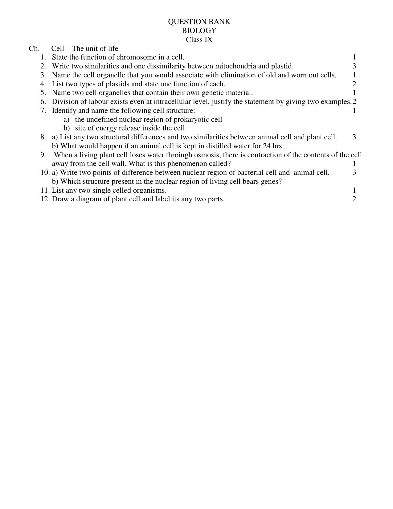 CBSE Worksheets for Class 9 Biology Cell The unit of life Assignment - Page 1