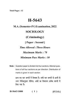 Sarguja University Question Paper July-2022 :  M.A. In Sociology(Fourth sem.)Criminology-II Paper 1