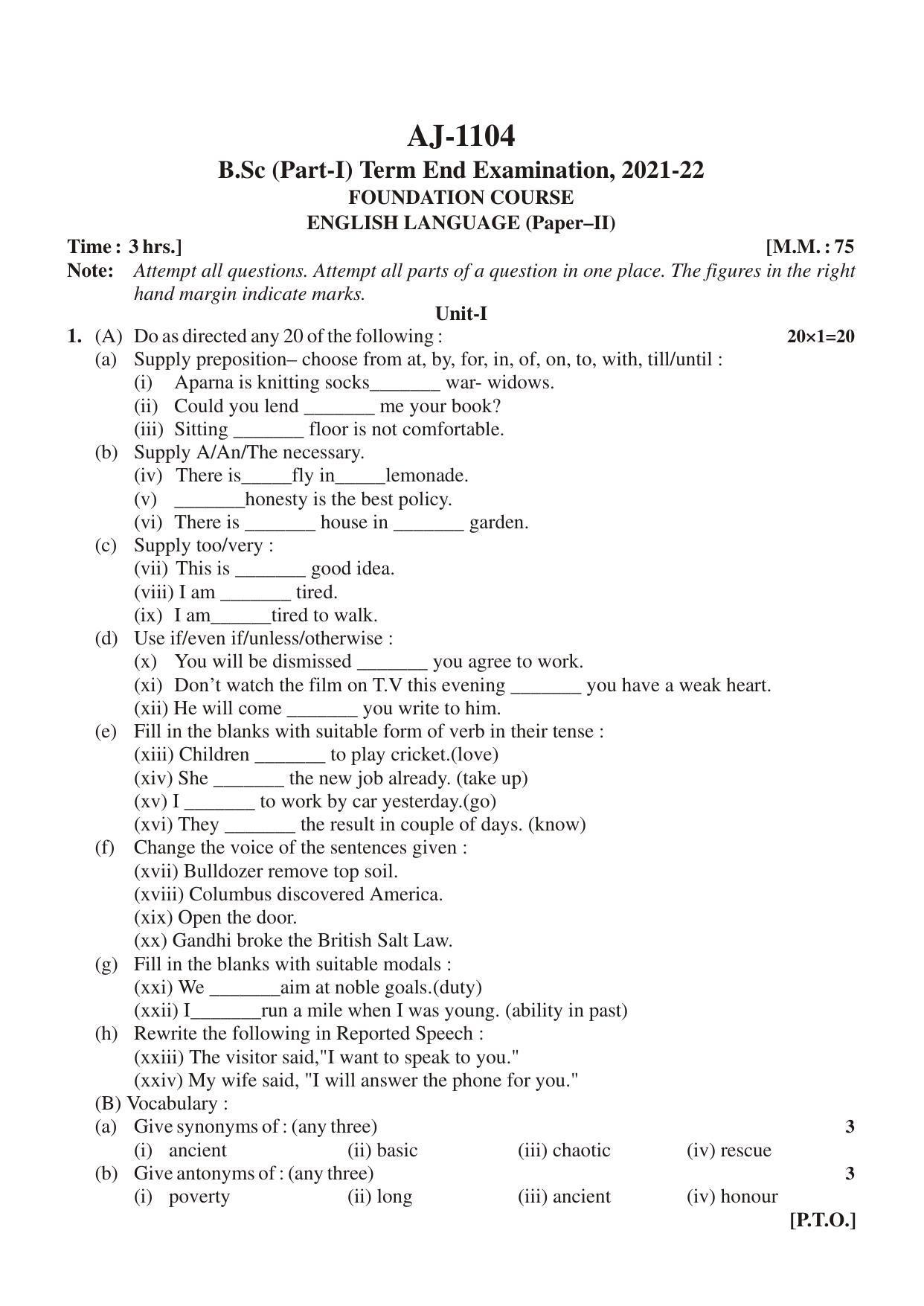 Bilaspur University Question Paper 2021-2022: B. SC. Part -I (Maths- Group) FC: English Language Paper 1 - Page 1