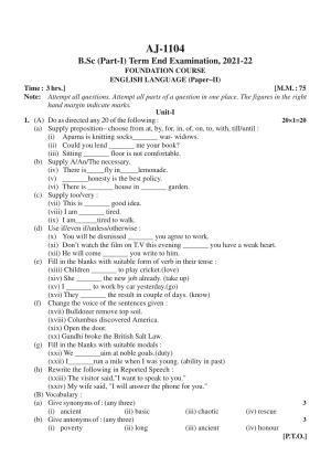 Bilaspur University Question Paper 2021-2022: B. SC. Part -I (Maths- Group) FC: English Language Paper 1
