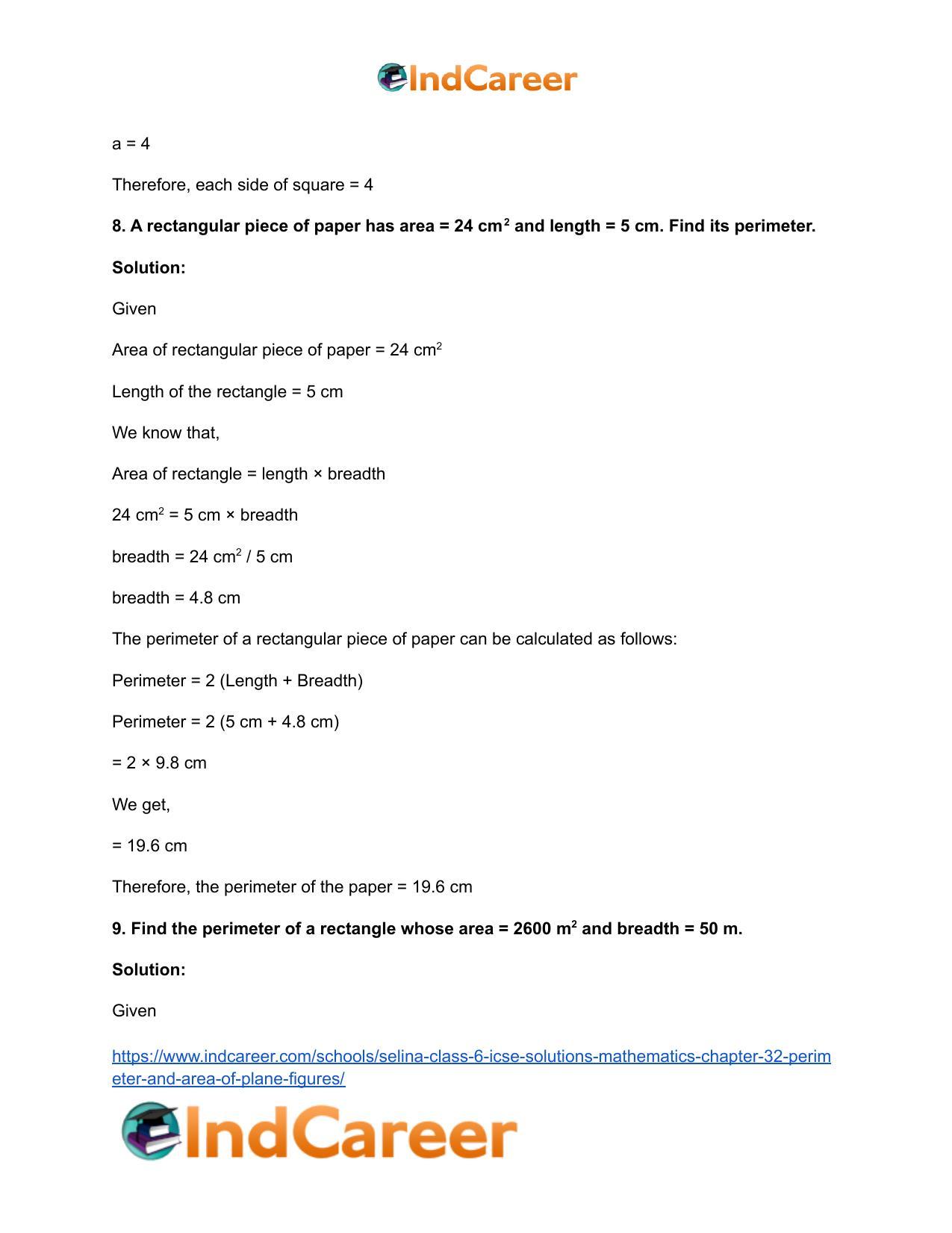 Selina Class 6 ICSE Solutions Mathematics : Chapter 32- Perimeter and Area of Plane Figures - Page 29