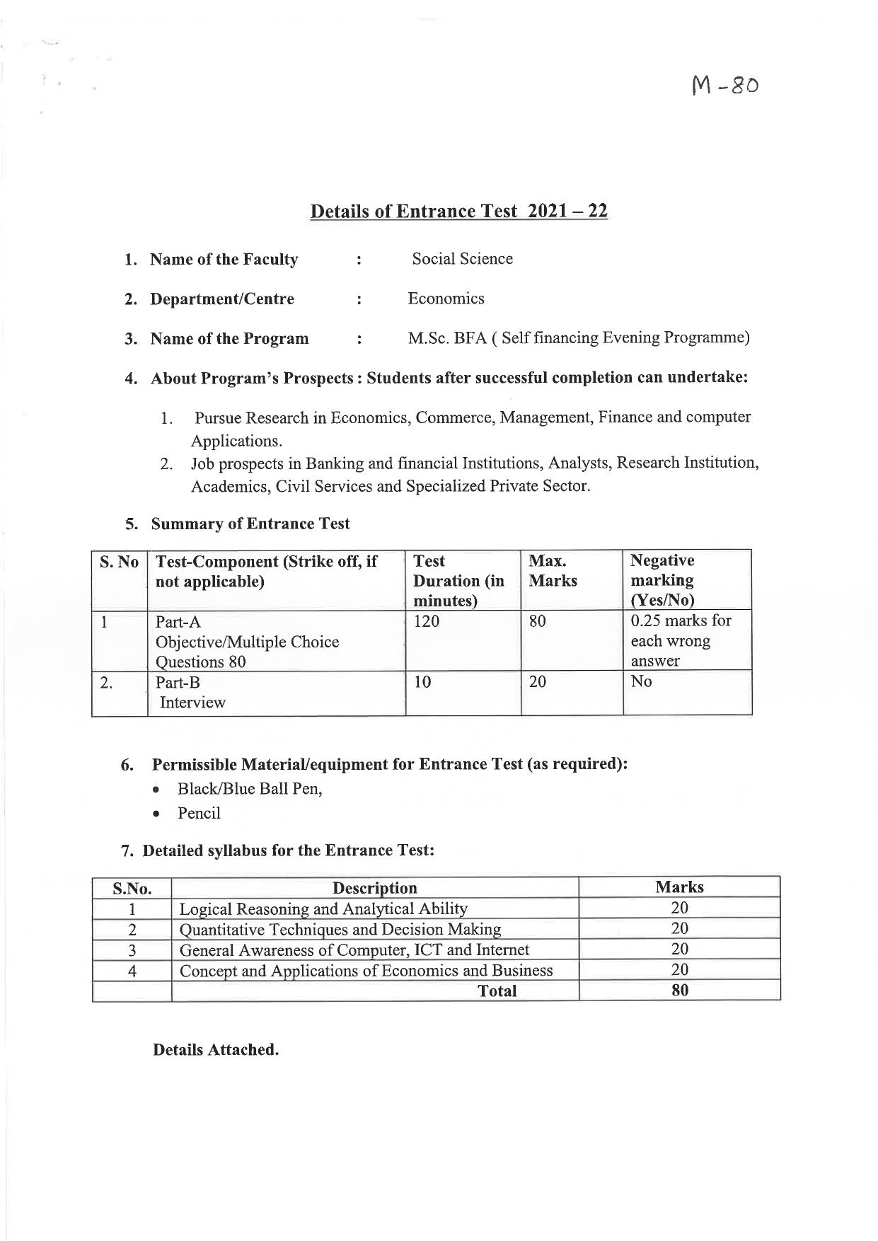 JMI Entrance Exam M80-M.Sc.(Banking and Financial Analytics) (Self-financed) Syllabus - Page 1