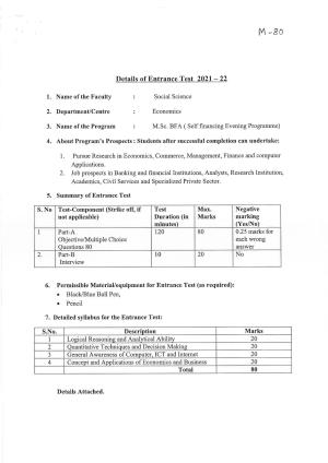 JMI Entrance Exam M80-M.Sc.(Banking and Financial Analytics) (Self-financed) Syllabus