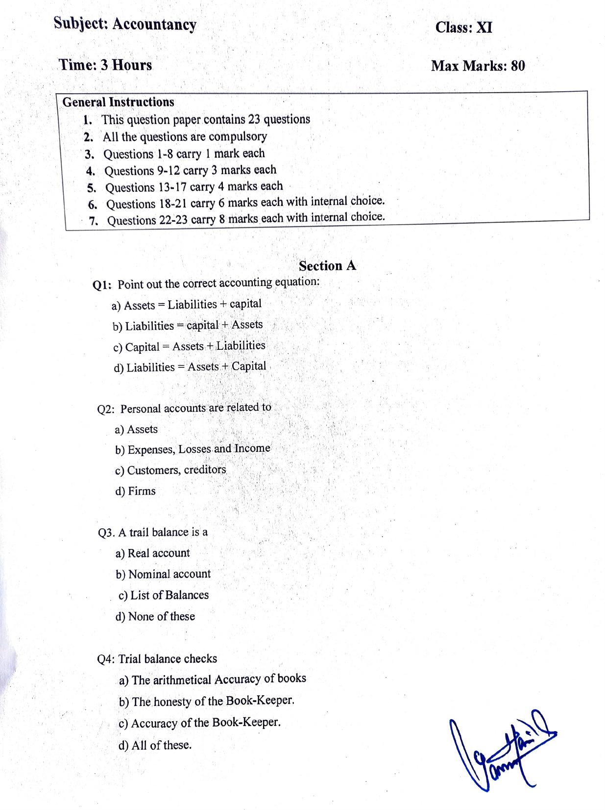 JKBOSE Class 11 Accountancy Model Question Paper - Page 1