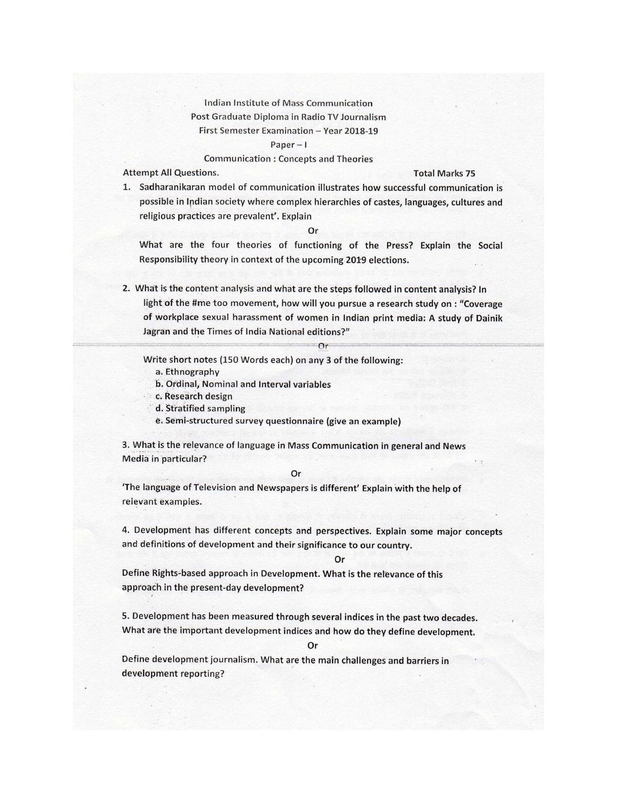 IIMC Radio-TV Journalism(PG Diploma) 2019 Previous Year  Question Paper - Page 1