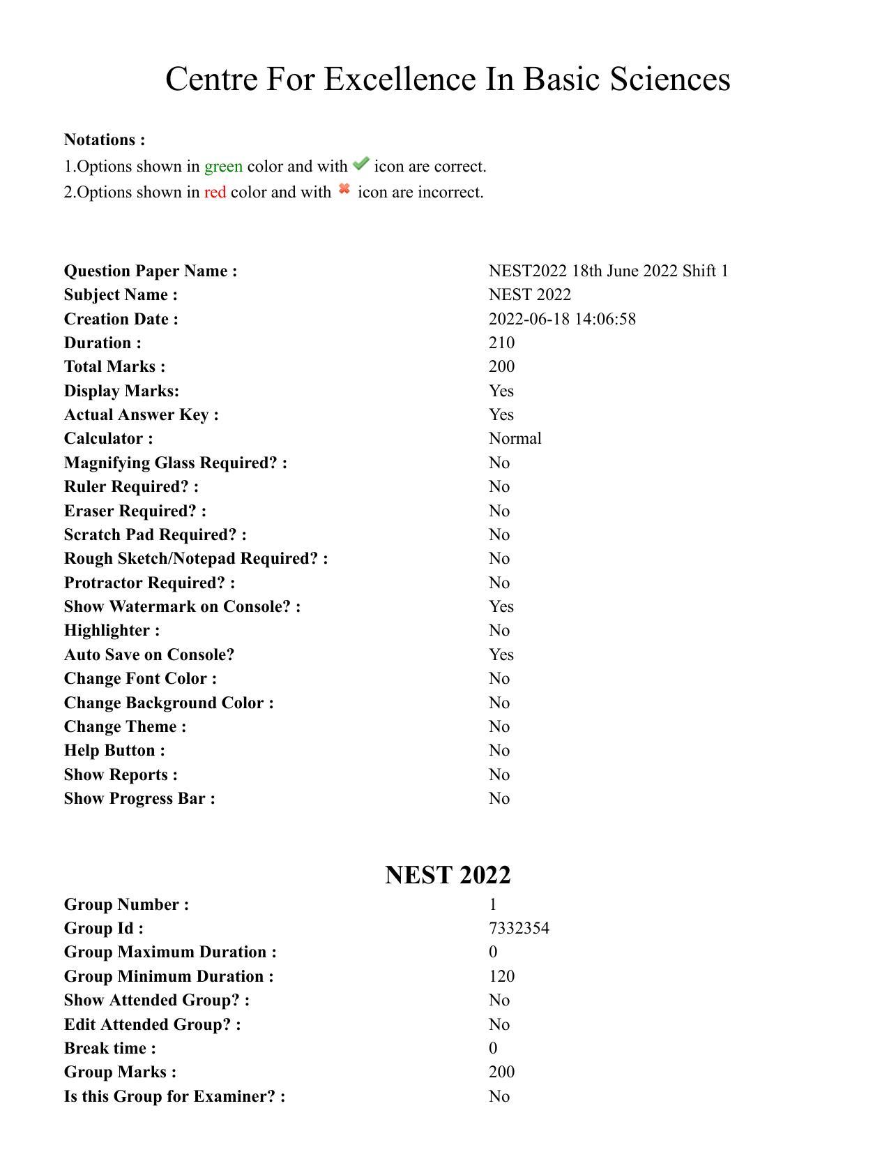 NEST Session I 2022 Question Paper - Page 1