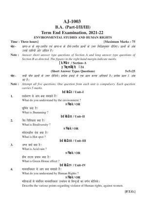 Bilaspur University Question Paper 2021-2022:B.A. Part-II (Two) Environmental Science & Human Rights Paper 1