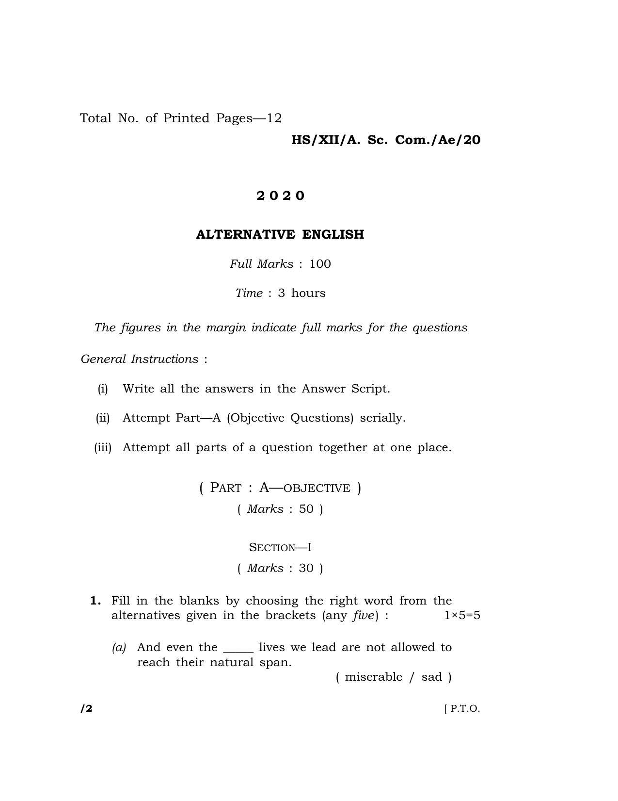 Meghalaya Board (MBOSE) Class 12 ALTERNATIVE ENGLISH 2020 Question Paper - Page 1