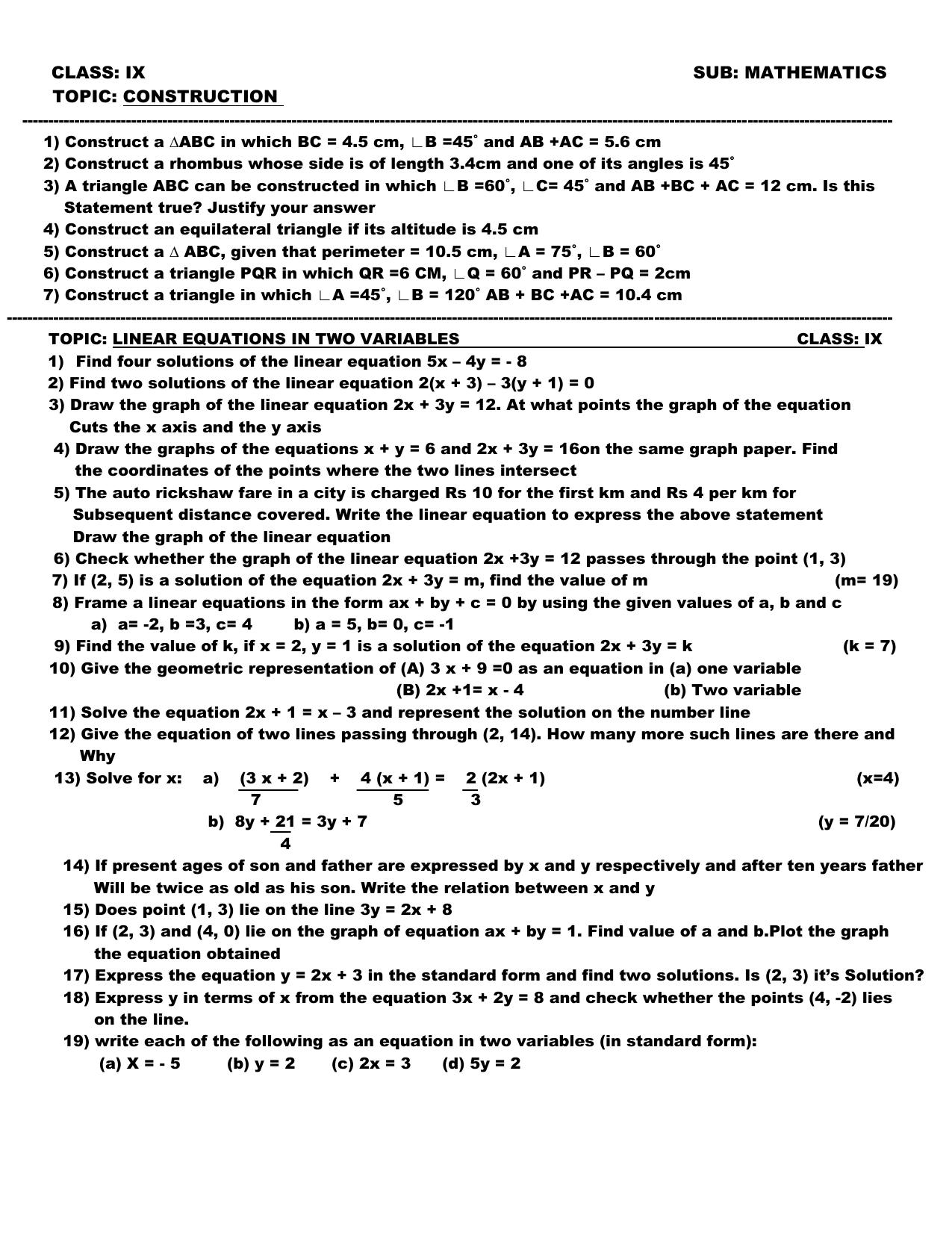 CBSE Worksheets for Class 10 Maths Linear Equations Assignment 8 - Page 1