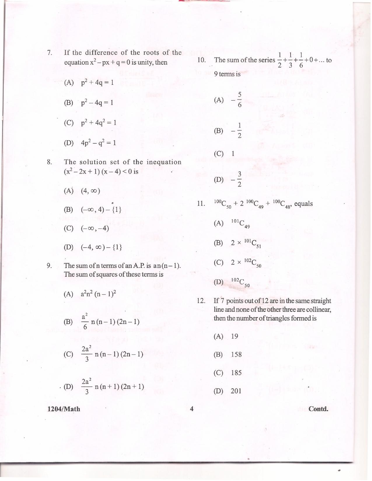 APJEE Mathematics 2012 Question Paper - Page 3