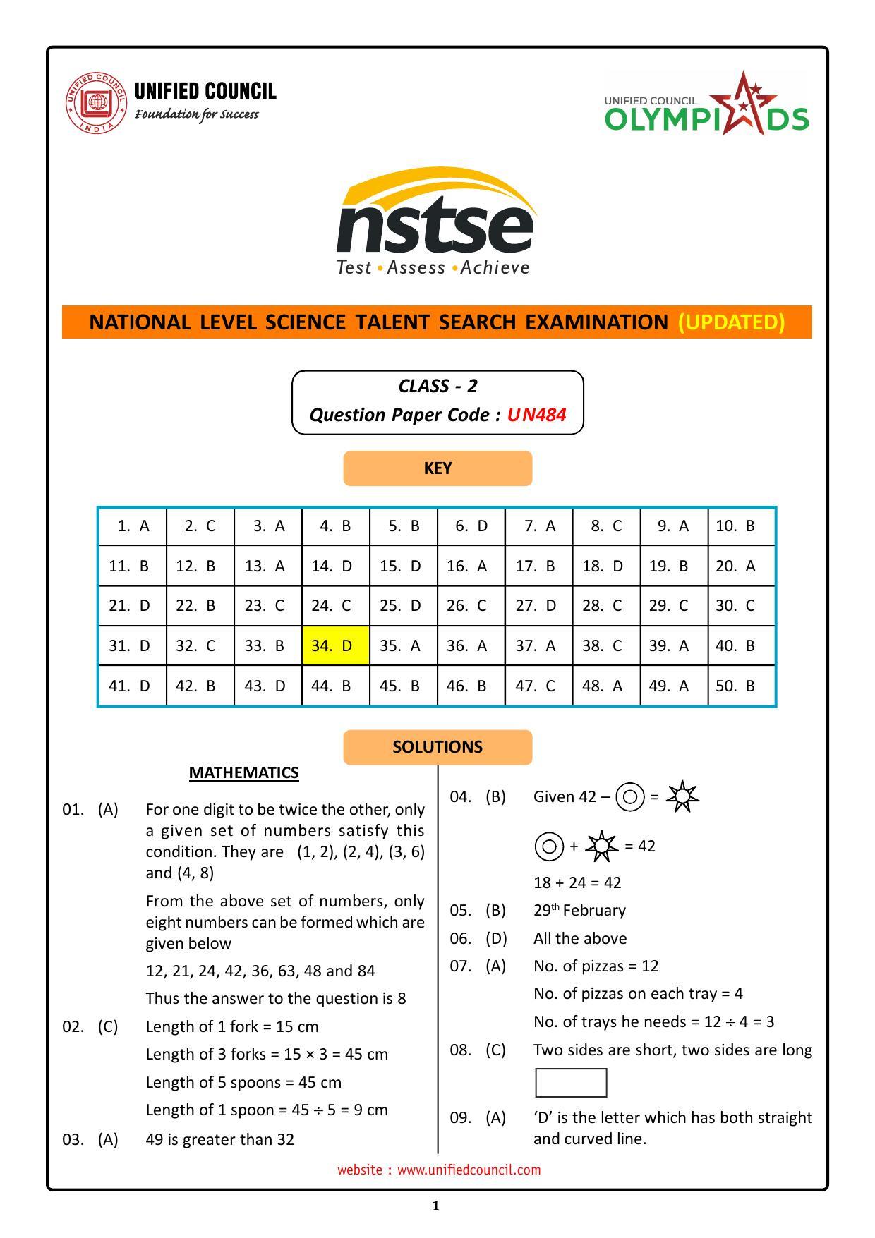 NSTSE 2023 Class 2 Answer Key (Paper Code 484) - Page 1