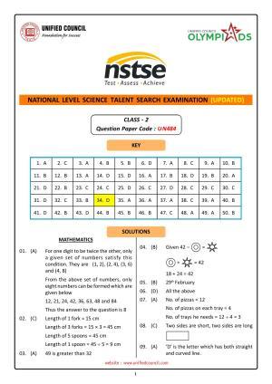 NSTSE 2023 Class 2 Answer Key (Paper Code 484)