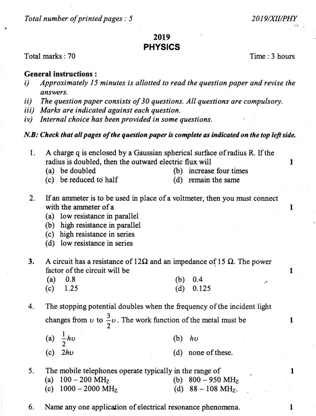 Nagaland Board Class 12 Physics 2019 Question Papers - Page 1