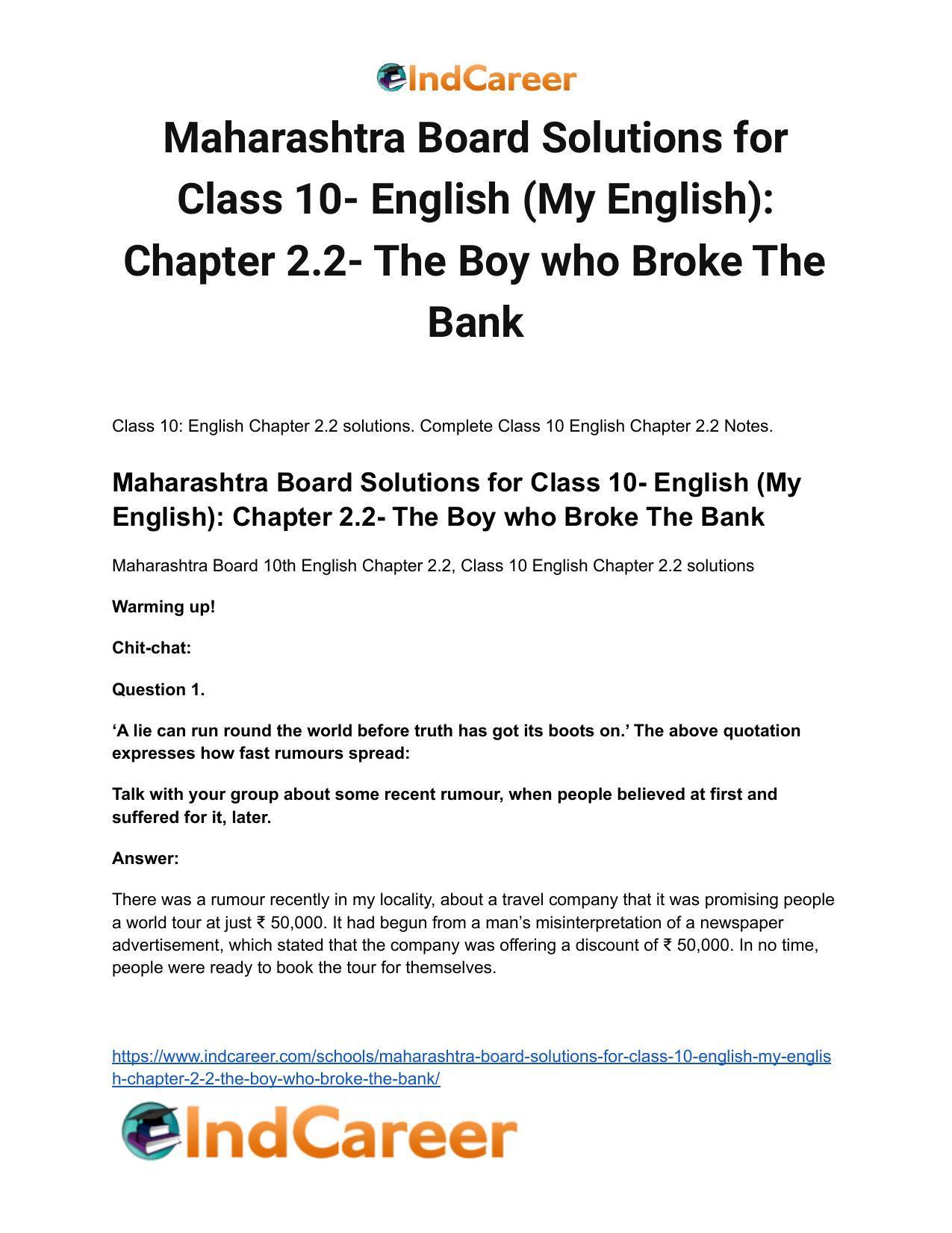 Maharashtra Board Solutions for Class 10- English (My English): Chapter 2.2- The Boy who Broke The Bank - Page 2