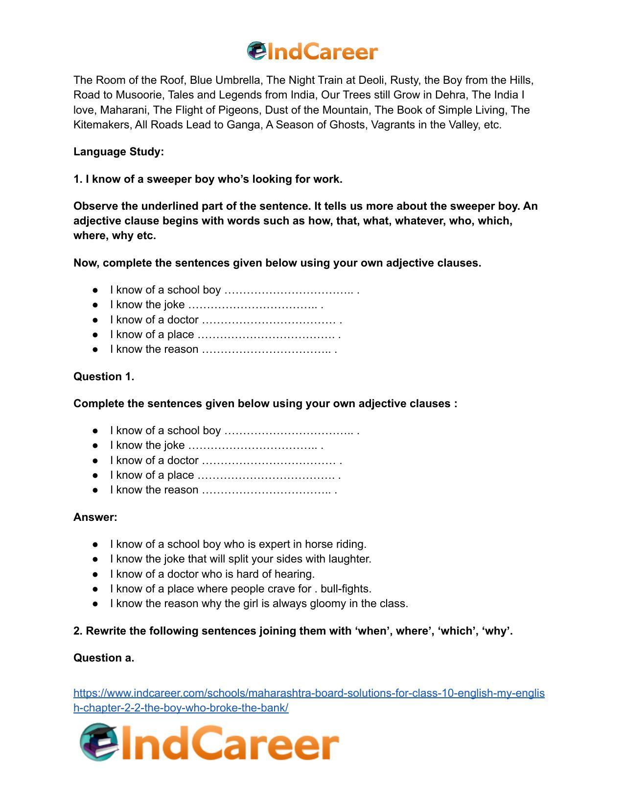 Maharashtra Board Solutions for Class 10- English (My English): Chapter 2.2- The Boy who Broke The Bank - Page 15