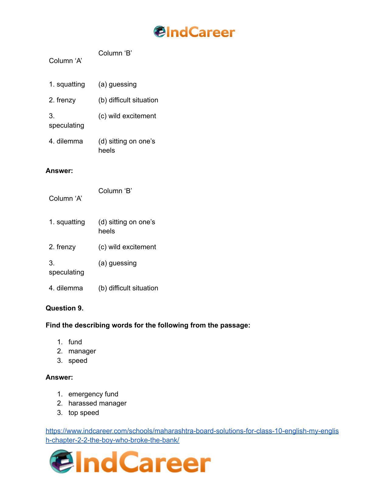 Maharashtra Board Solutions for Class 10- English (My English): Chapter 2.2- The Boy who Broke The Bank - Page 28