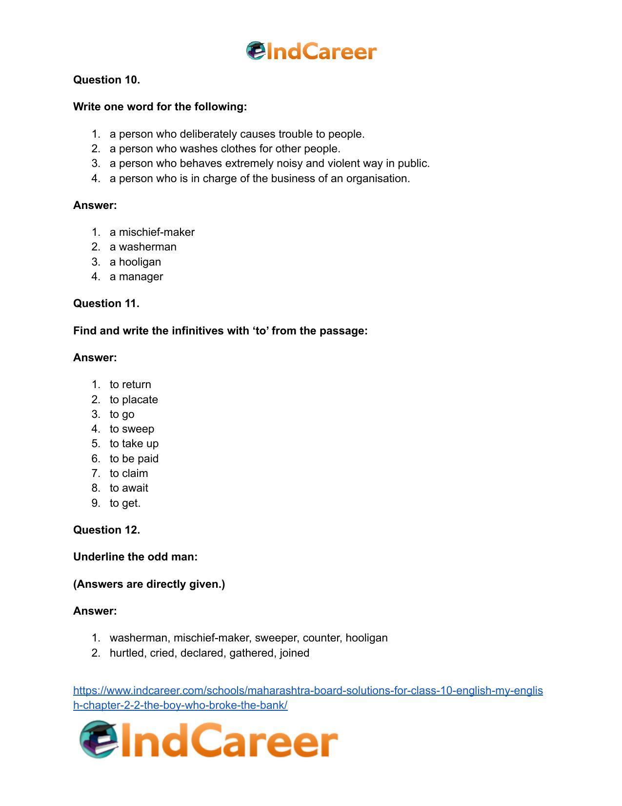 Maharashtra Board Solutions for Class 10- English (My English): Chapter 2.2- The Boy who Broke The Bank - Page 29