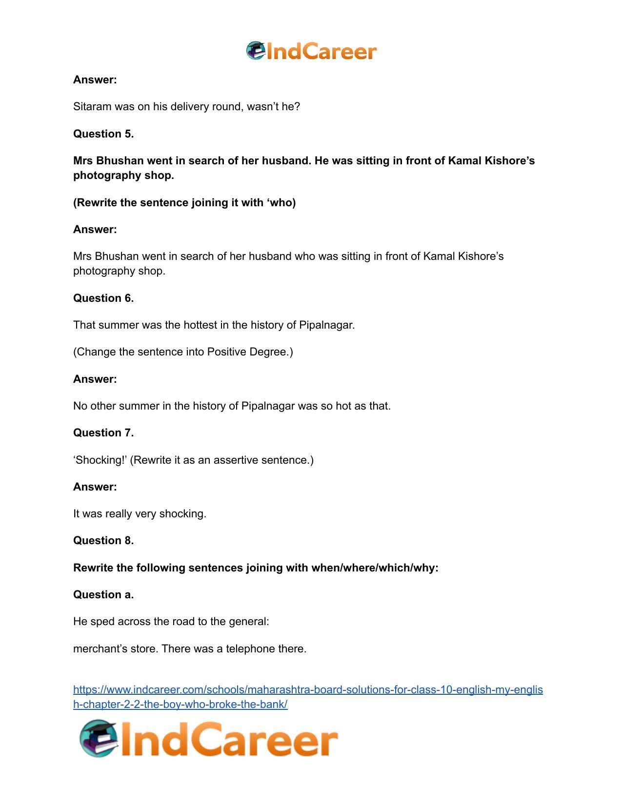 Maharashtra Board Solutions for Class 10- English (My English): Chapter 2.2- The Boy who Broke The Bank - Page 31