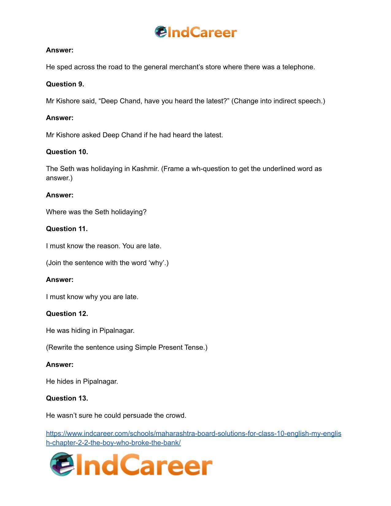 Maharashtra Board Solutions for Class 10- English (My English): Chapter 2.2- The Boy who Broke The Bank - Page 32