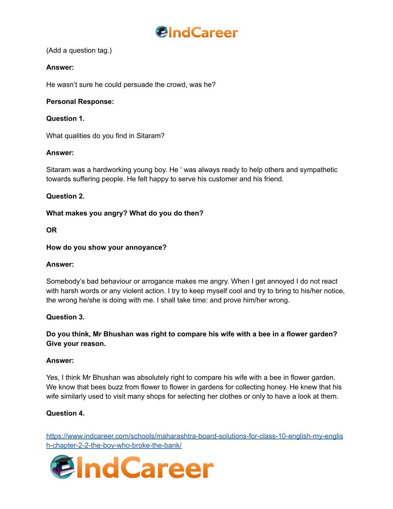 Maharashtra Board Solutions for Class 10- English (My English): Chapter 2.2- The Boy who Broke The Bank - Page 33