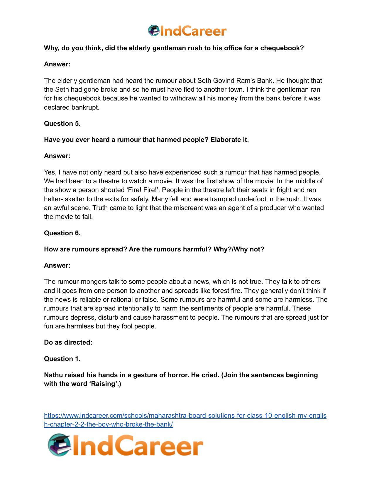 Maharashtra Board Solutions for Class 10- English (My English): Chapter 2.2- The Boy who Broke The Bank - Page 34