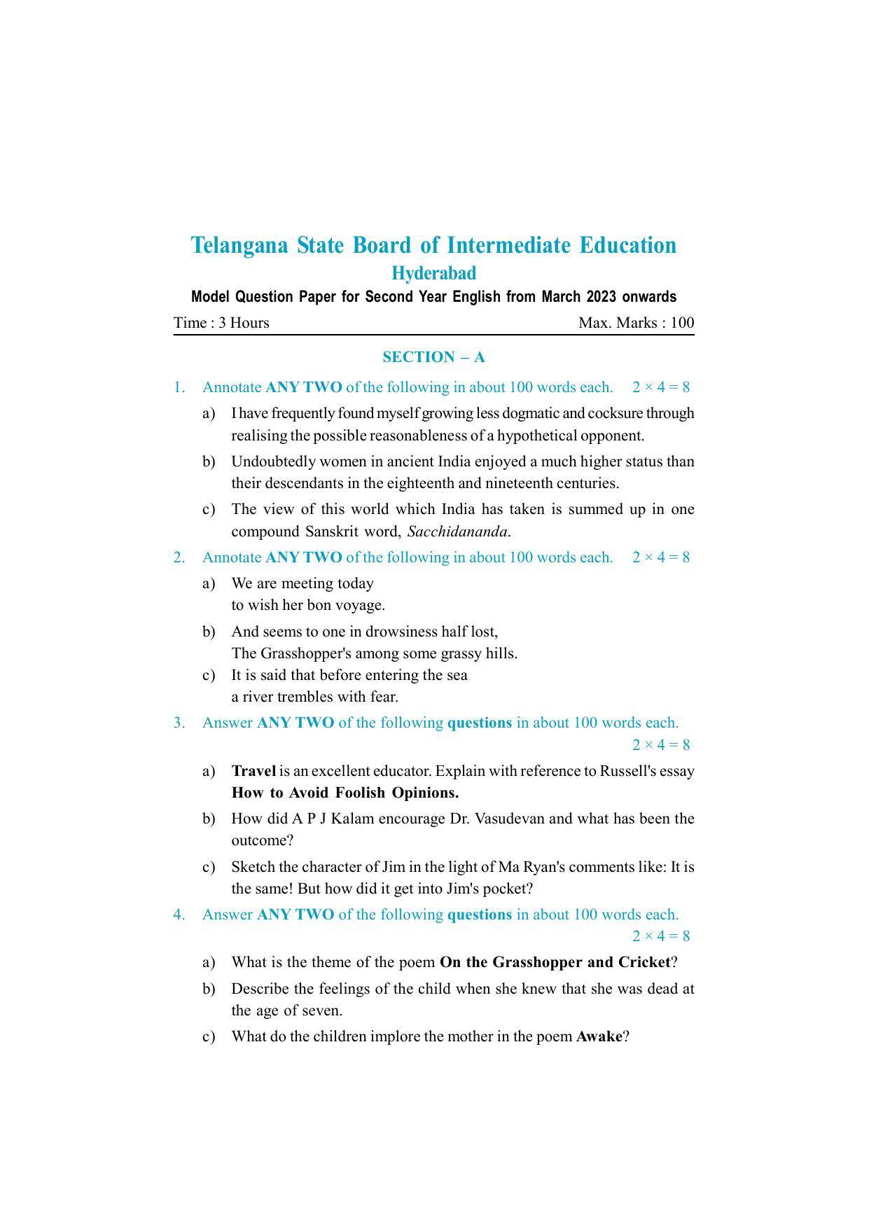 TS Inter 2nd Year English Model Paper 2023 (PDF) - Page 1