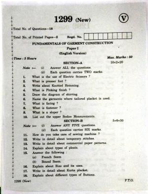 AP Inter 2nd Year Vocational Question Paper March - 2020 - Fundamentals of Garment Construction - I