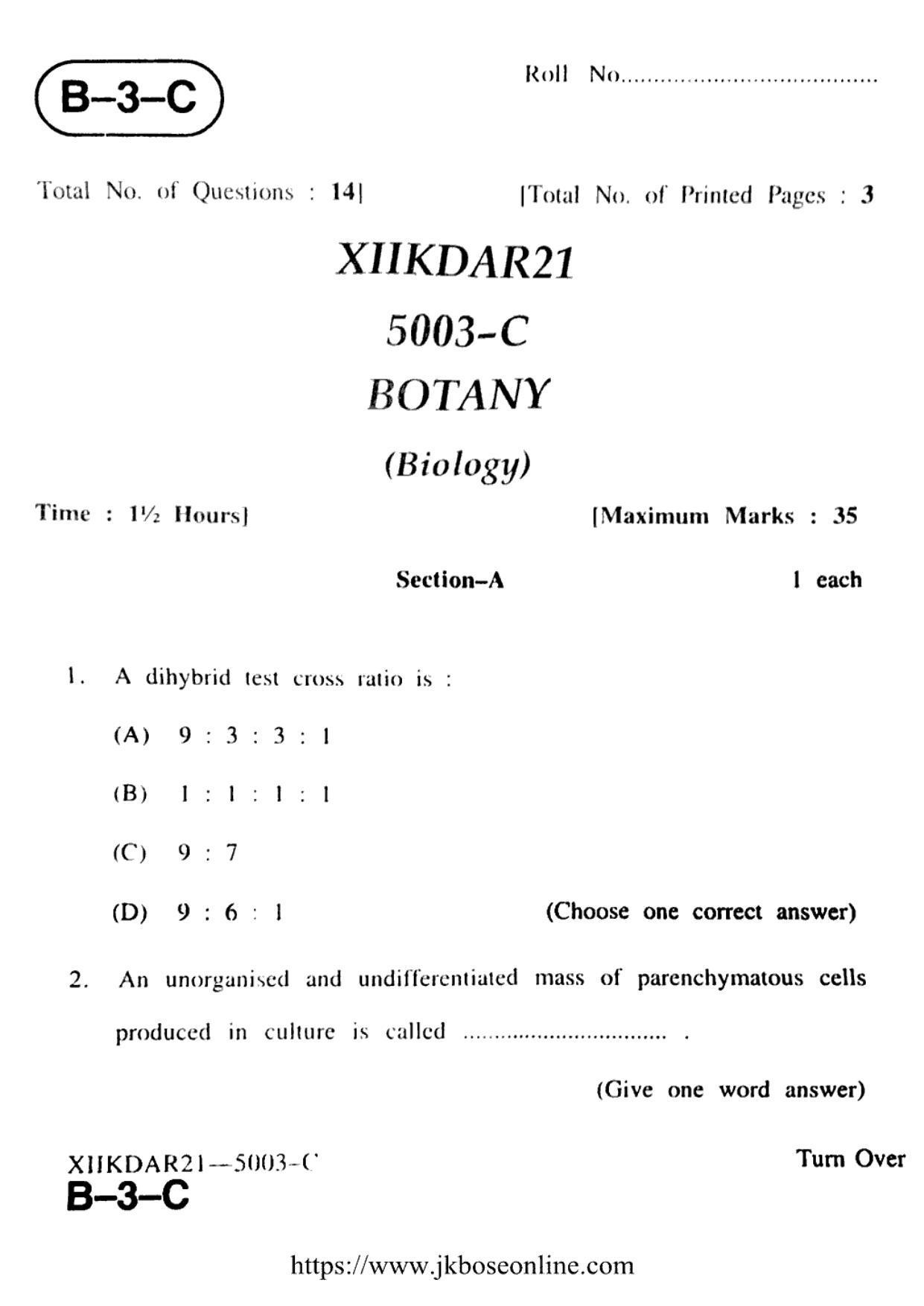 JKBOSE Class 12 Biology-Botany 5003-C Question Papers 2021 - Page 1