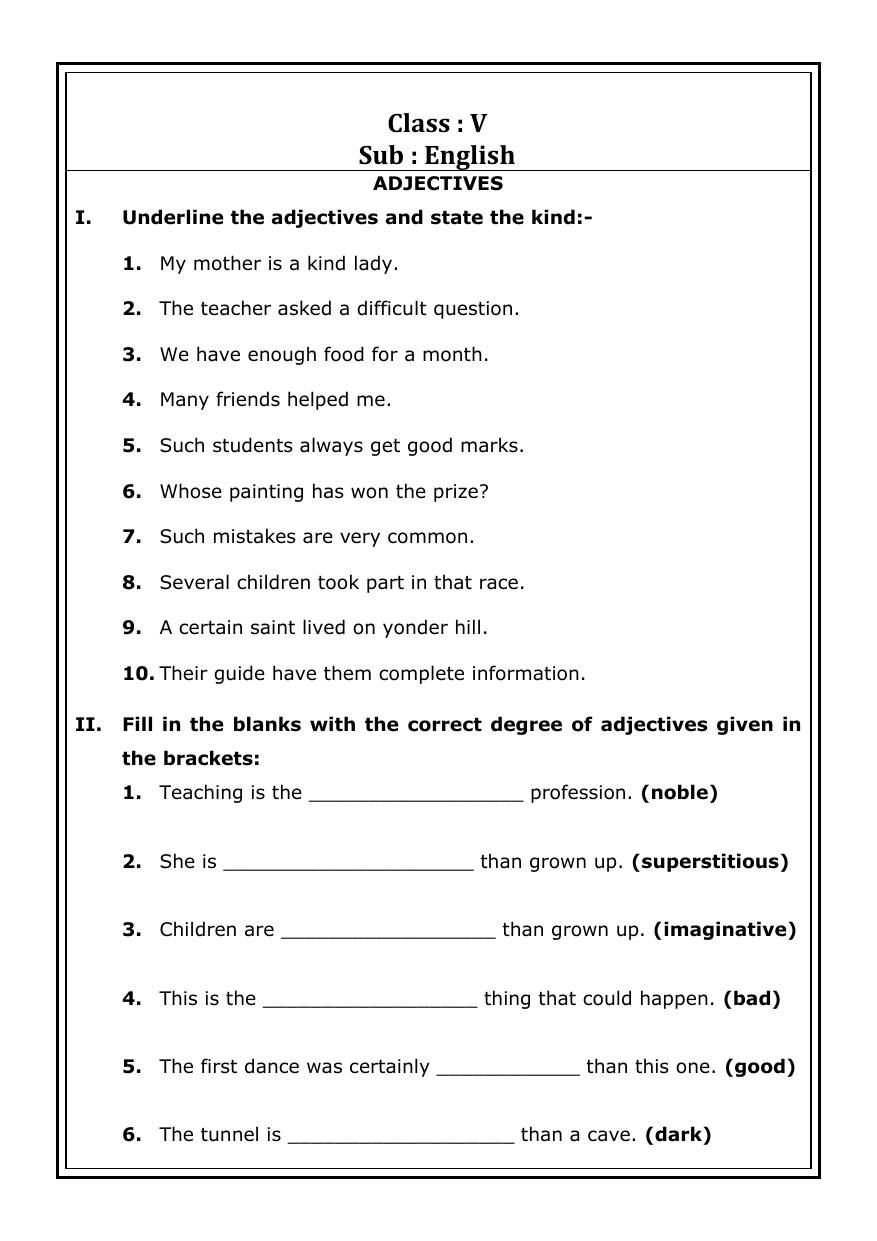 Worksheet for Class 5 English Adjectives Assignment - Page 1