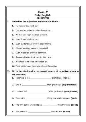 Worksheet for Class 5 English Adjectives Assignment