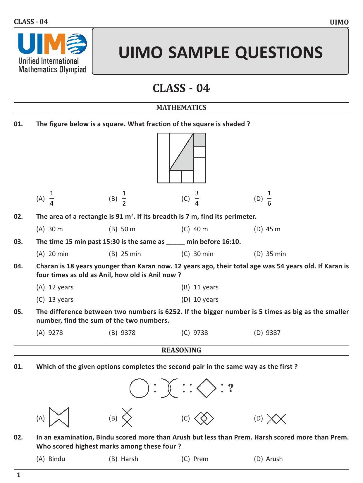 UIMO Class 4 2023 Sample Paper  - Page 1