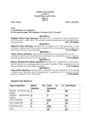 PSEB 10th Punjab History and Culture-A Paper A Model Paper 2025