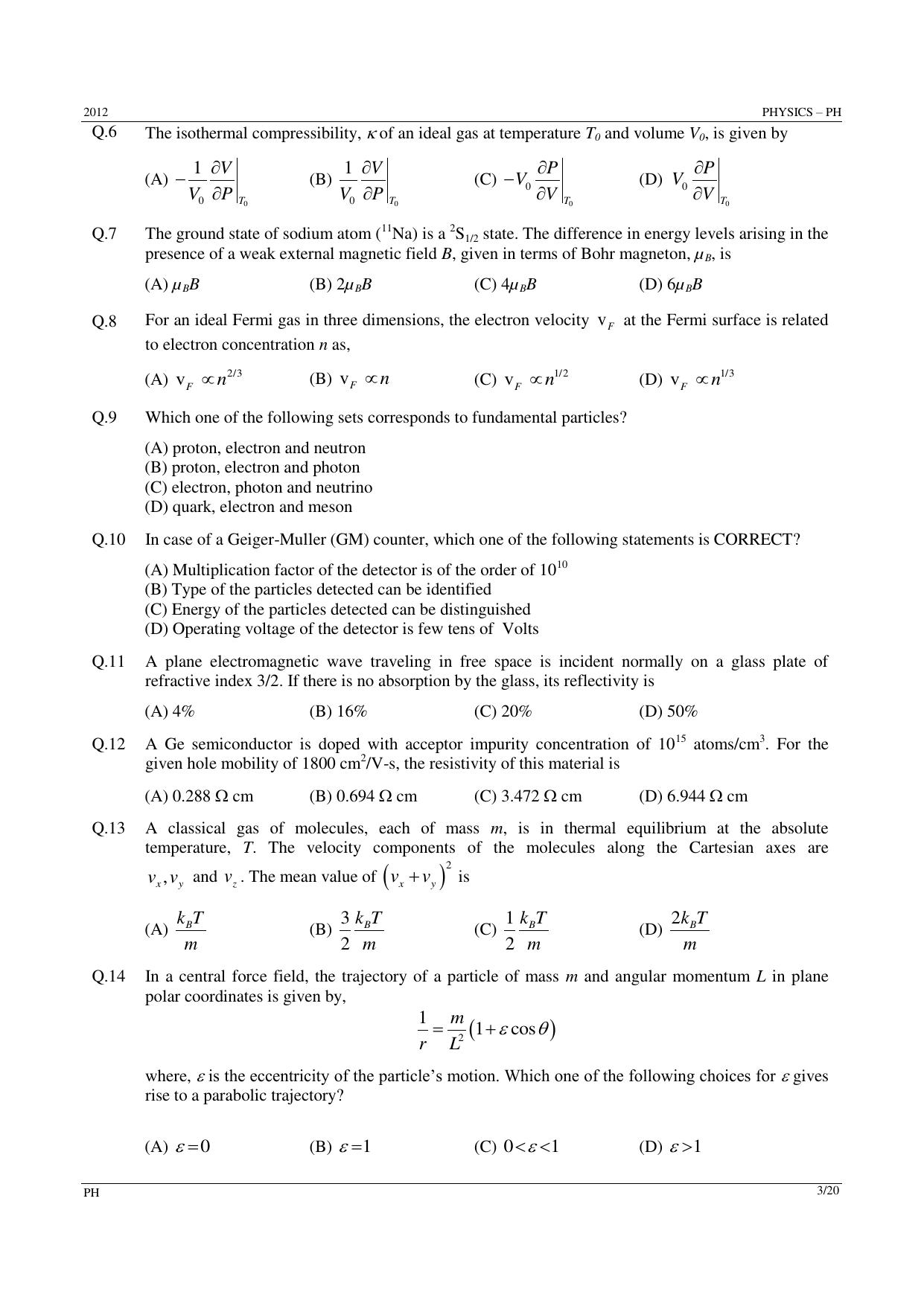 GATE 2012 Physics (PH) Question Paper with Answer Key - Page 3