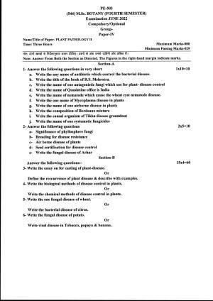 Bilaspur University Question Paper June 2022: M.Sc. Botany (Fourth Semester) Plant Pathology II Paper 1