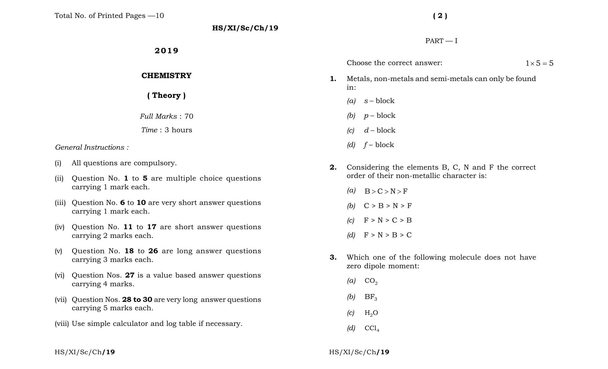 Meghalaya Board (MBOSE) Class 11 Chemistry 2019 Question Paper - Page 1