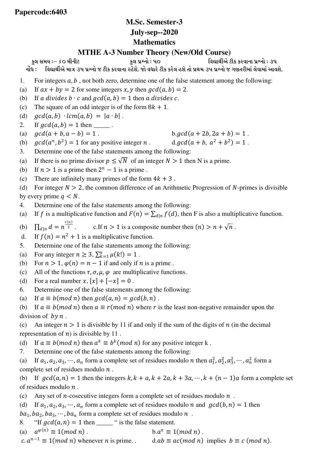Hemchand North Gujarat University Sample Paper July-Sept 2021: M.Sc. Semester-3 Math. A-3 Number Theory Paper code:6403 (New/Old Course) - Page 1
