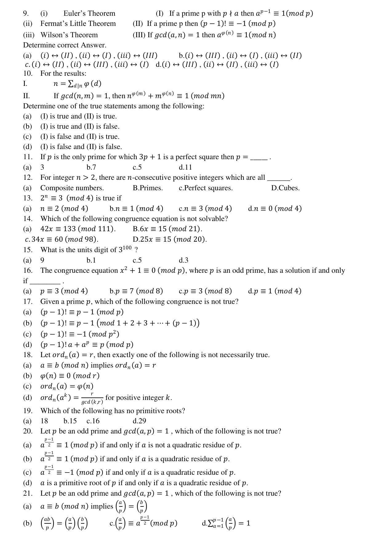 Hemchand North Gujarat University Sample Paper July-Sept 2021: M.Sc. Semester-3 Math. A-3 Number Theory Paper code:6403 (New/Old Course) - Page 2