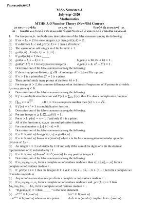  Hemchand North Gujarat University Sample Paper July-Sept 2021:   M.Sc. Semester-3 Math. A-3 Number Theory  Paper code:6403 (New/Old Course)