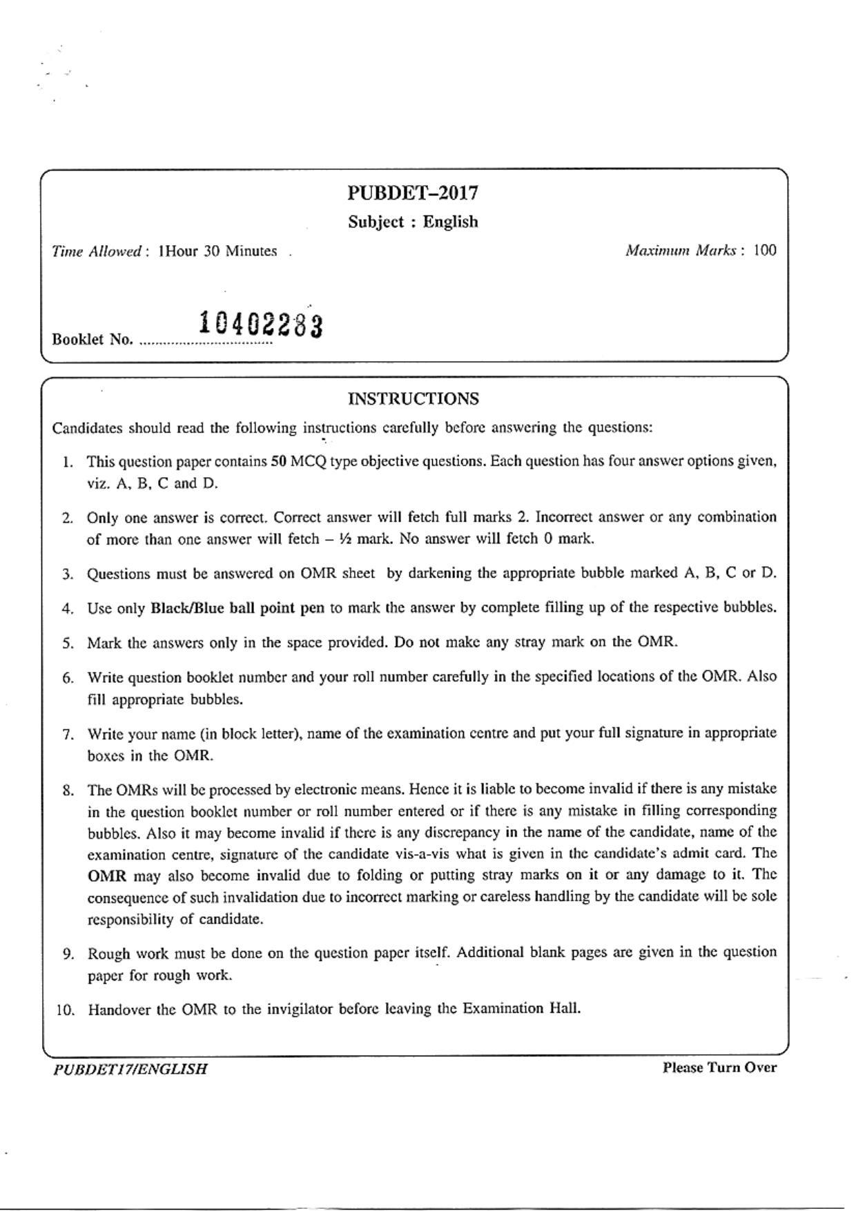 PUBDET 2017 English Question Papers - Page 1