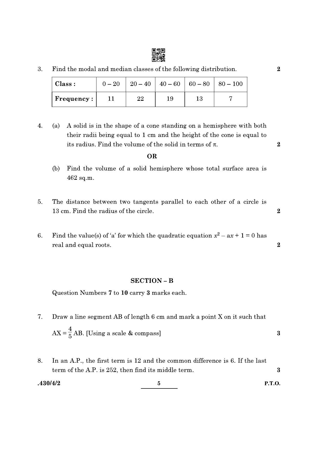 CBSE Class 10 Maths Basic (430/4/2 - SET 2) 2022 Question Paper - Page 5