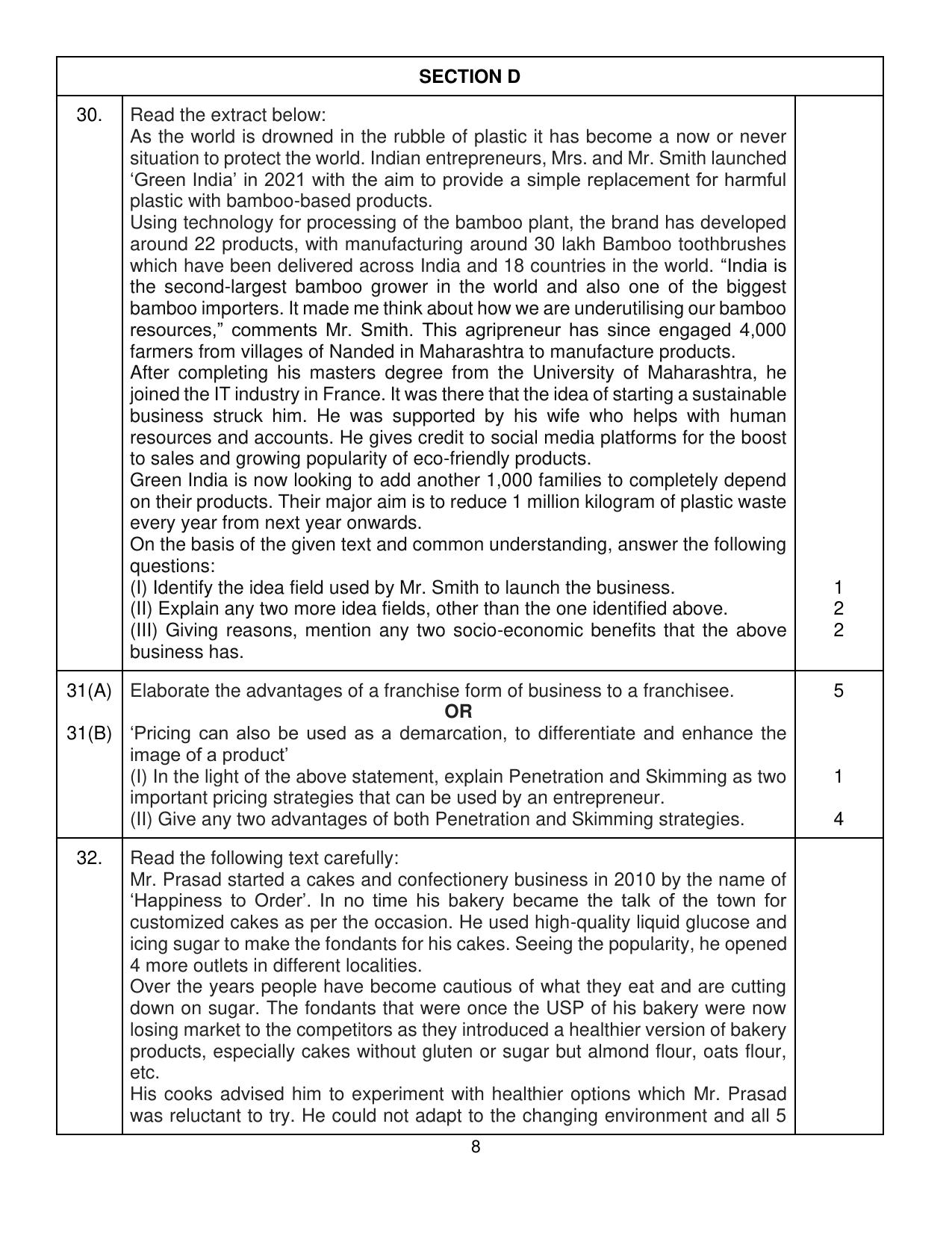 CBSE Class 12 Entrepreneurship Sample Question Paper 2024-25 - Page 8