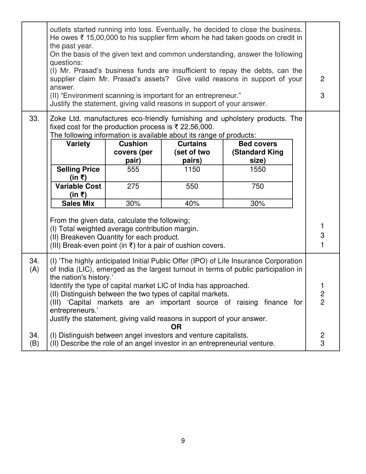 CBSE Class 12 Entrepreneurship Sample Question Paper 2024-25 - Page 9